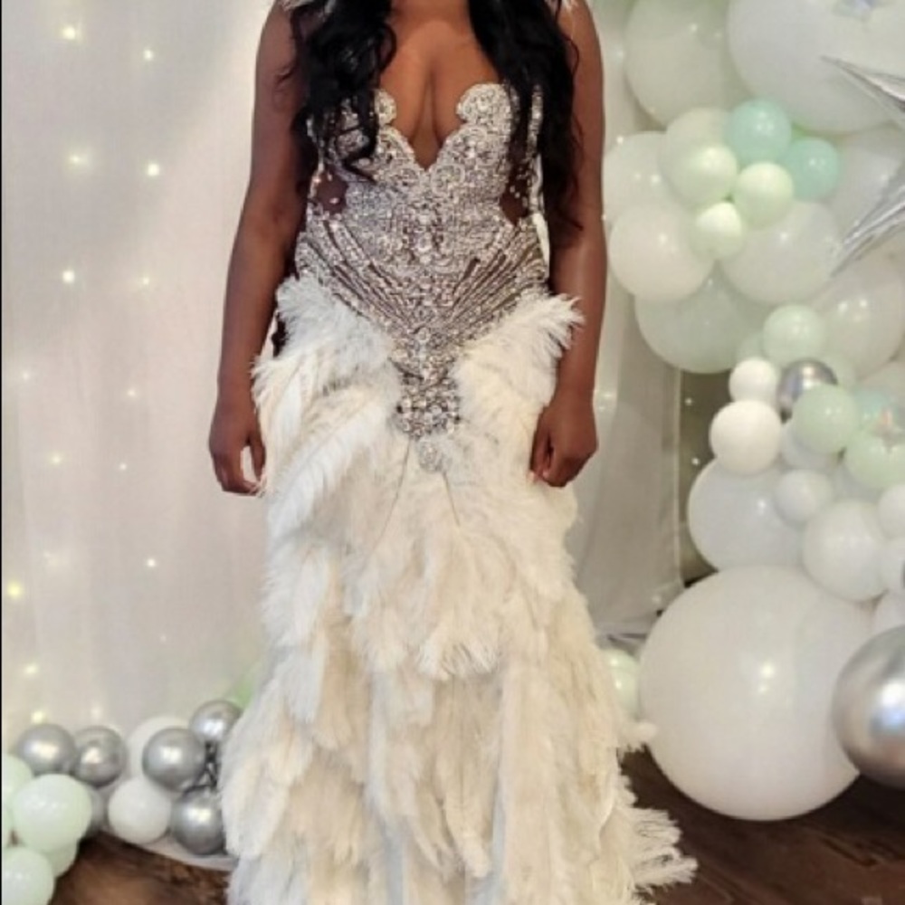 Custom Made Rhinestone & Feather embossed ball gown, only worn once, s8-10.